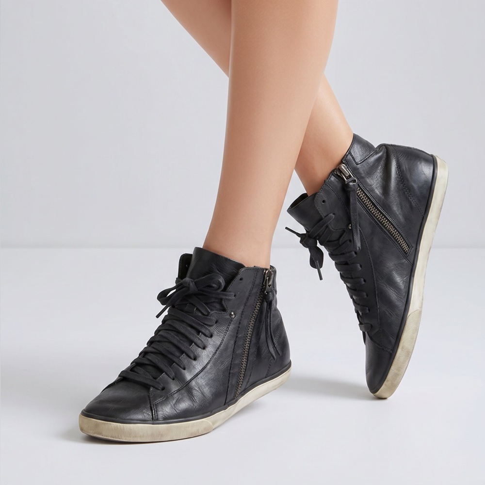 Diesel Beach‎ P-W Black Leather High Top Side Zip Sneakers Womens 8.5 EUR 39